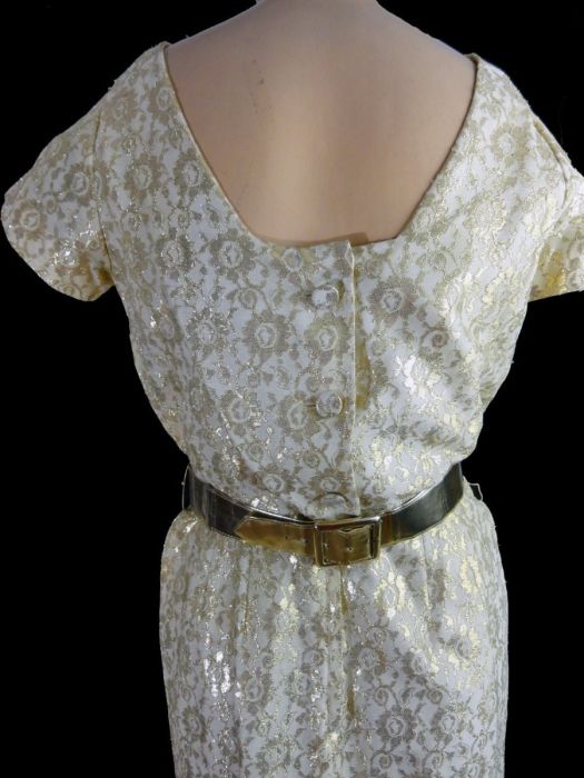 Vintage 50s Sheath Dress Metallic Gold Lace 1950s Cocktail Party Dress Gold Belt Back Button