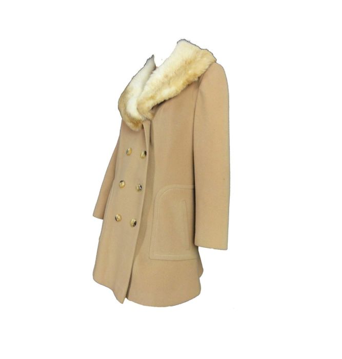 1970s Short Coat Vintage Camel Wool Rabbit Fur Collar Boho Hippie Double Breasted by Alorna