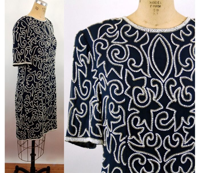 1980s beaded dress navy blue white silk sheath holiday party cocktail dress  by Stenay Size L
