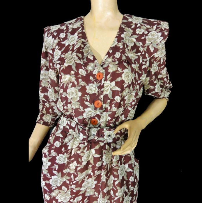 Vintage 80s Garden Party Dress Sepia Rose Print Sheer Chiffon Belted by Breli Originals |M/L