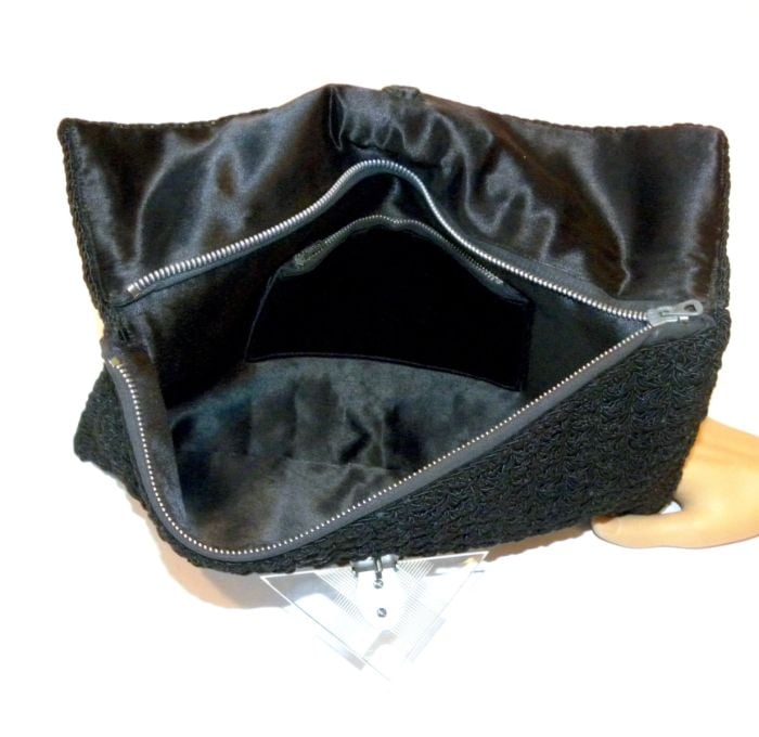 Offers Vintage 1940s Clutch. Genuine Corde. Lucite Clasp Closure. Black. Inside Pocket.