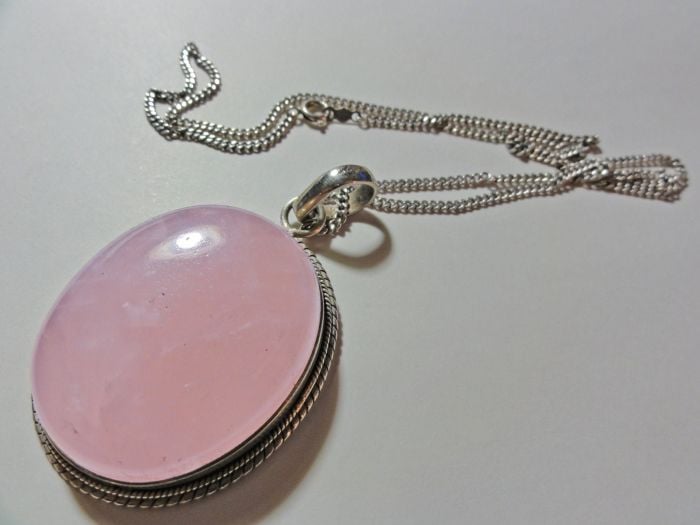 Shops Vintage Sterling Silver Rose Quartz Necklace Oval Bezel Set Genuine Polished Stone with ACO Sterling Chain