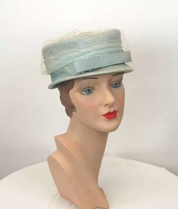 1960s straw hat baby blue pillbox hat with veil and bow by Mr. Lewis ...