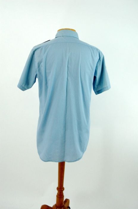 1970s vintage fireman uniform dress shirt blue with patches Size 16 neck  short sleeve | Fashion Conservatory
