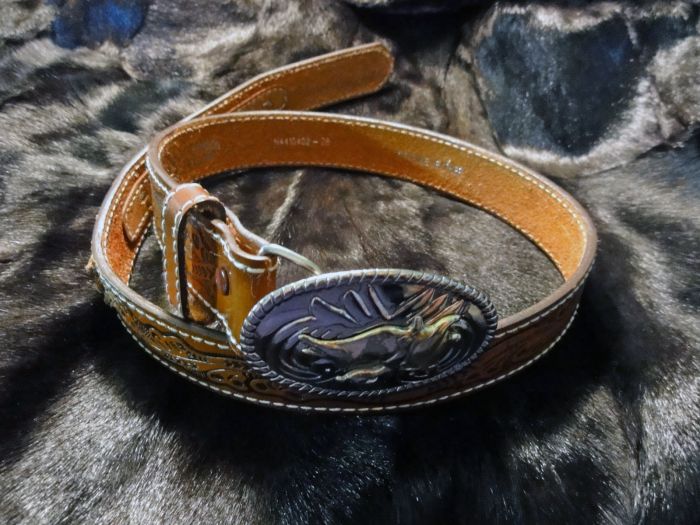 Vintage Nocona Tooled Leather Belt Bull Riding Cowboy Buckle  display picture 1
