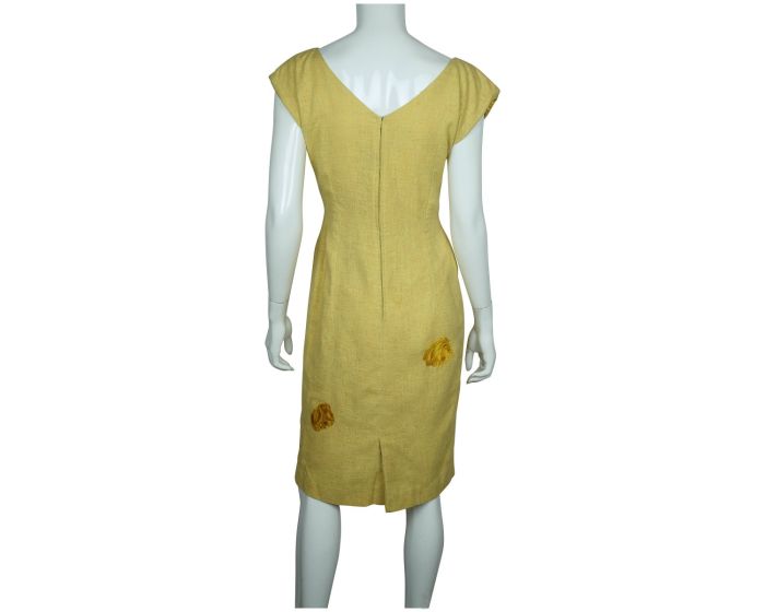 Vintage 1950s Yellow Silk Noil Wiggle Dress W Floral Appliqus Size Medium