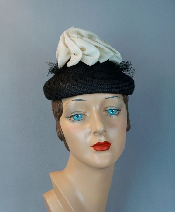 60's Black Straw Pillbox Hat By Valerie Modes | Fashion Conservatory