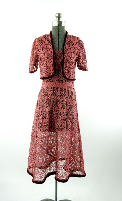 Size M | outlet 20s/30s Lace and Silk Velvet Long Dress