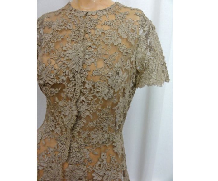 Vintage 1950s Blouse Mocha outlet Taupe Sheer Beige Lace Party /Evening Blouse with Peplum