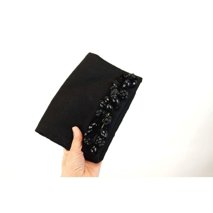 1950s black linen clutch purse with berries and velvet ribbon evening