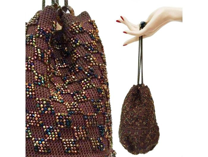 Vintage 1920s Flapper Art Deco Reticule Purse Brown Carnival Glass