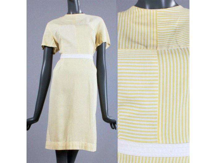 L Vintage 60s Yellow Seersucker Pencil Summer Dress Simple Short Sleeve  Casual | Fashion Conservatory