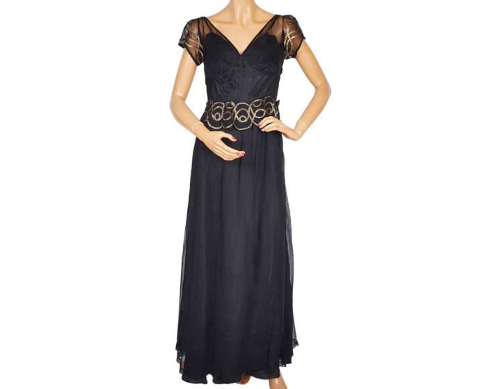 Vintage 1930s Evening Gown Black Tulle with Gold Braid Long Dress Size M Vintage 1930s Evening Gown Black Tulle with Gold Braid Long Dress Size M