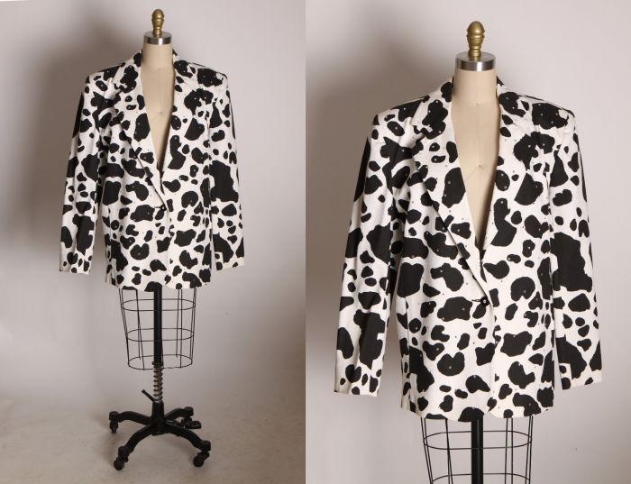 1980s Black and White Animal Cow Print Long Sleeve Rhinestone Bling ...
