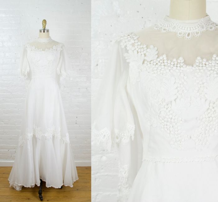 Cape o'May white lace Victorian style 1970s wedding dress with high ...