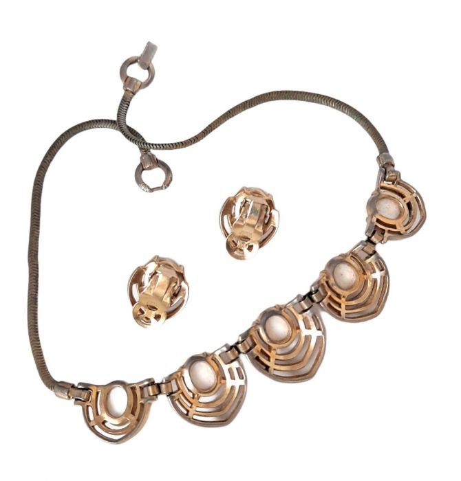 1940s Mazer Bros White Scarab Earring And Necklace Set Demi Parure