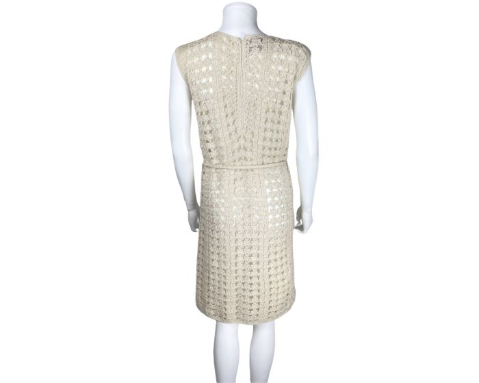 Vintage 1960s Crochet Knit Dress by Aristo Cream White w Gold Thread