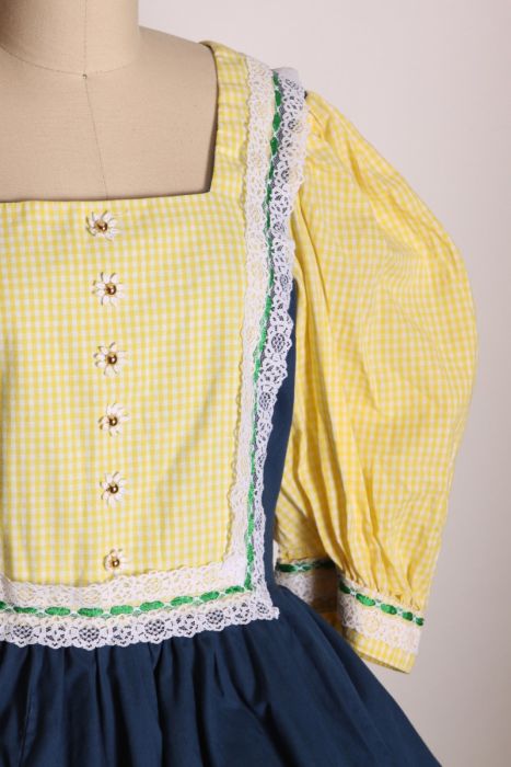 1970s Navy Blue, Yellow, White and Green Gingham Daisy Half Sleeve Western Square  Dance Dress - L | Fashion Conservatory