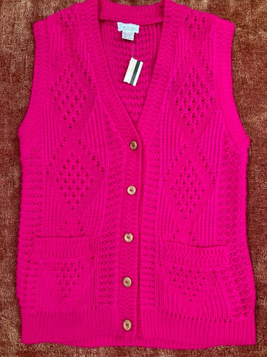 SM/ 80’s Hot Pink Sweater Vest, Loose Knit Argyle Sweater Vest with