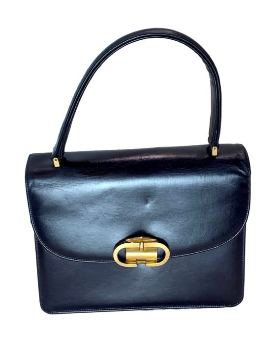 60s Navy Blue Leather Top Handle Gold Tone Buckle Clasp  display picture 1