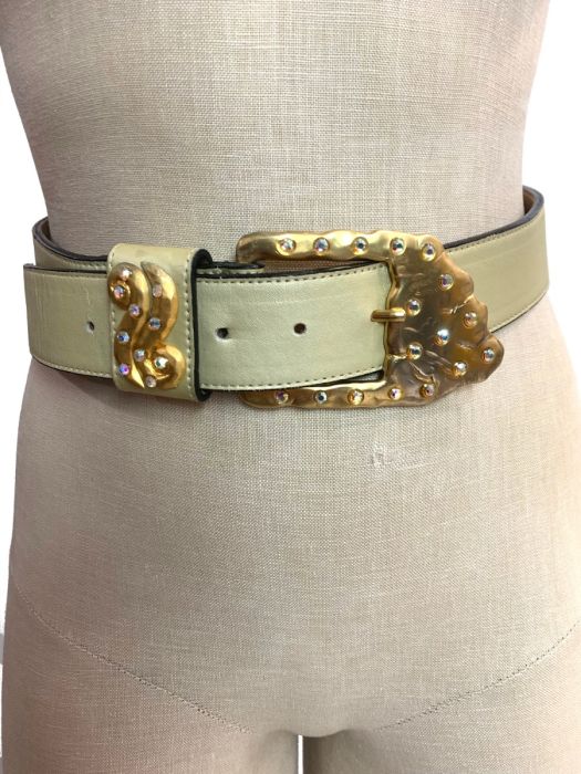 80s 90s Pale Gold Leather Belt w Large Abstract Buckle  display picture 3