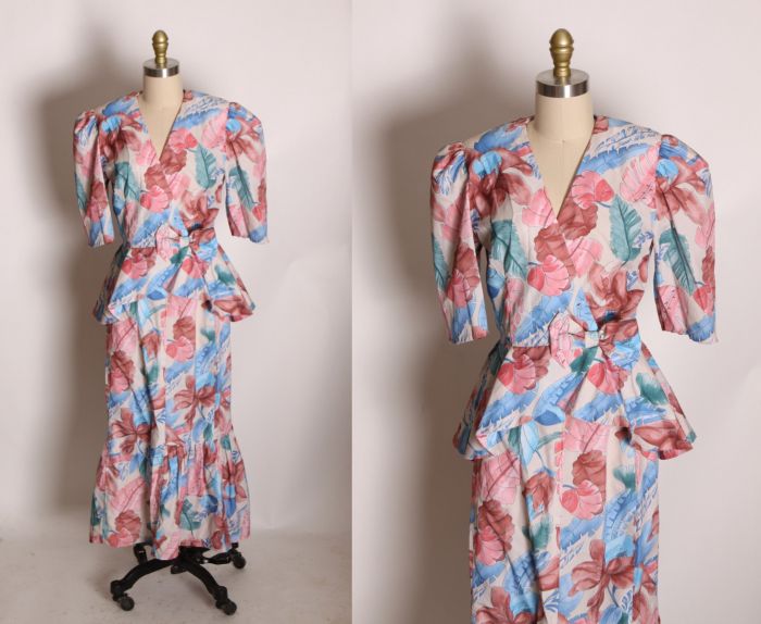 1980s Light Pink and Blue Floral Foliage Half Sleeve Peplum Blouse with Matching High Waisted Mermaid Hem hotsell Wiggle Skirt Skirt Suit Outfit -S