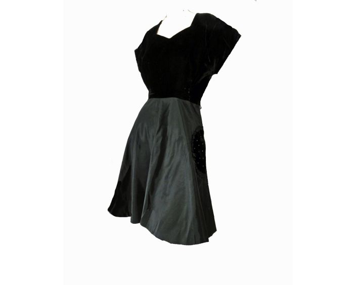 Black Cocktail Gown Vintage 1940s Party Dress Velvet Bodice and Fancy Pockets with Rhinestones Black Cocktail Gown Vintage 1940s Party Dress Velvet Bodice and Fancy Pockets with Rhinestones