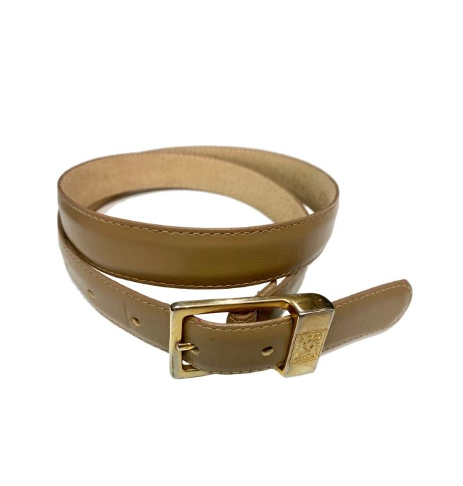 80s 90s Preppy ANNE KLEIN Taupe Leather Belt Gold LION 