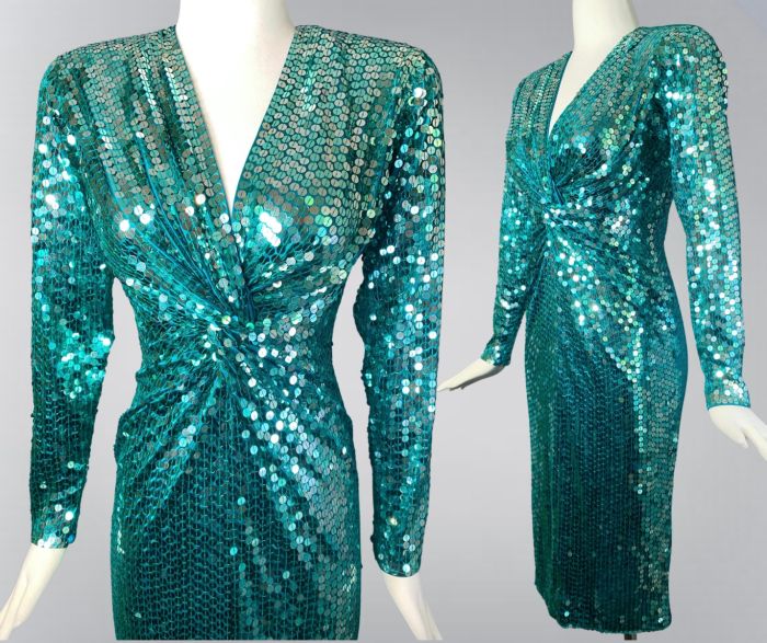 Bombshell 80s Oleg Cassini Teal Sequin Cocktail Dress | Fits Size Small &  Medium | Fashion Conservatory