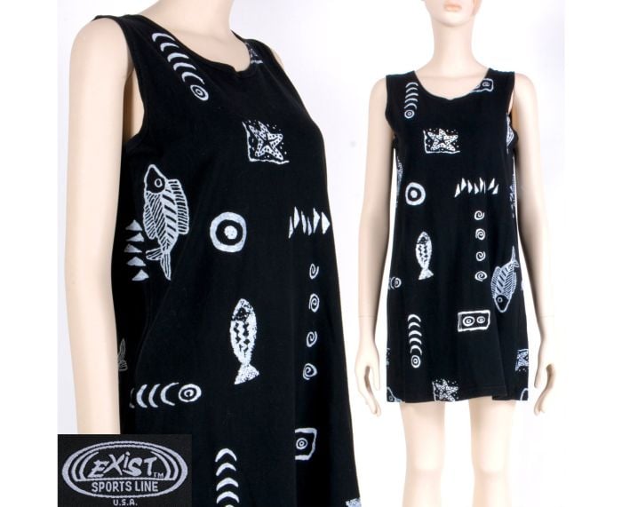 Vintage 1990s Exist Sports Line Cotton Fish Mini Shift Dress Beach Surf |  S/M | Fashion Conservatory