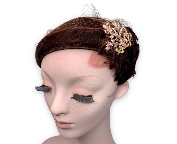 Vintage 1930s era Flapper Brown Velvet Feather Skull Cap Jeweled Hat WWII Pin Up Fashion Conservatory