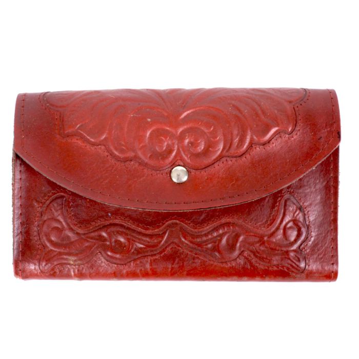 4x7 Vintage 1970s Dark Red Tooled Leather Wallet Tri Fold Western made ...