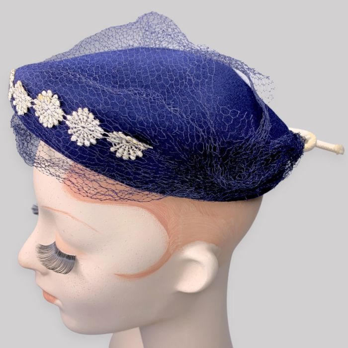 Vintage Blue Virgin Wool Felt Embroidered Beret Tam Cap Hat WWII Vintage Wool Felt Beret Hat, 1940s-50s Hat, WWII US Military  main image 3