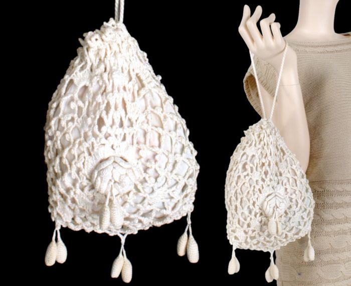 Vintage Ivory White Crochet Lace Victorian Evening Bag Reticule Purse ...