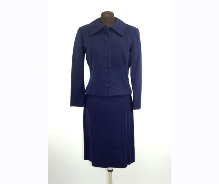 1950s wool suit, skirt suit, navy blue suit, fitted jacket, a line