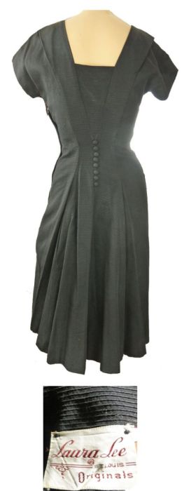 Vintage 50s Cocktail Dress Black Sheath Low Back Bow and Button Trim Designer Label Laura Lee