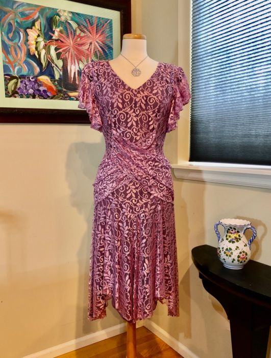 open lace back dress High Neck Tea-Length Purple Satin Homecoming Dress with Appliques US8 / Custom Color