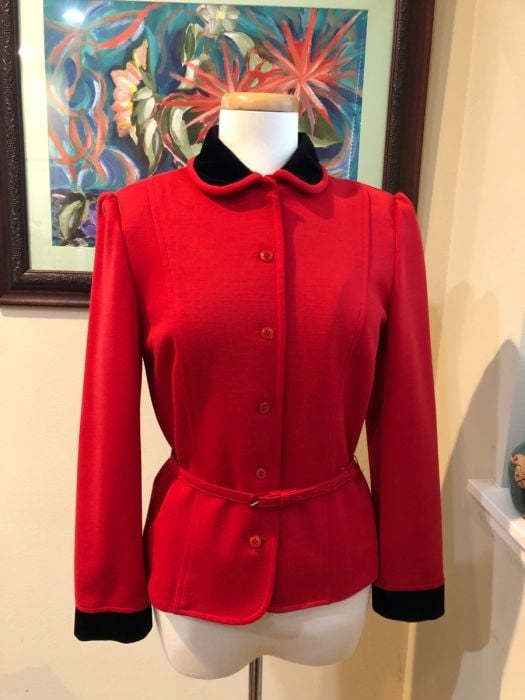 1970s Red Butte Knit Jacket w/ Black Velvet Collar & Cuffs NOS - S 