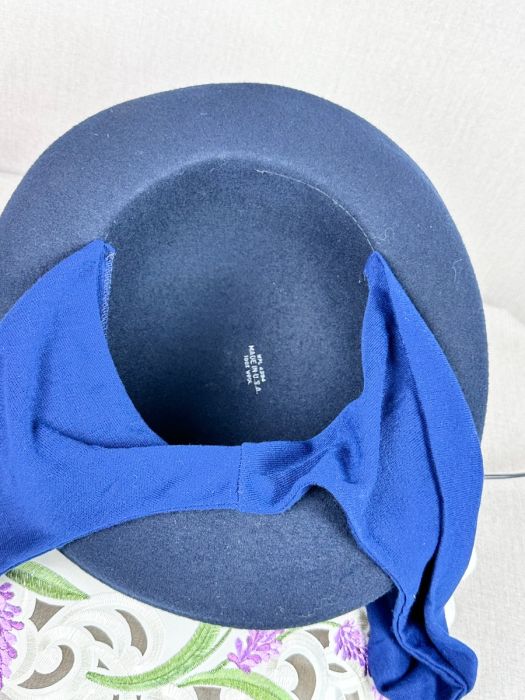 Vintage Blue Wool Fedora Hat with Scarf Vintage 70s Navy Blue Wool Winter Designer Attached Scarf  main image 3