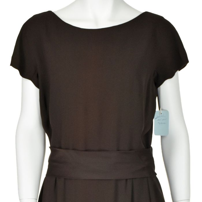 Dark Brown Crepe Peplum Dress with Cap Sleeves by Linda Stark for HARVEY  BERIN. Size 10. Deadstock | Fashion Conservatory