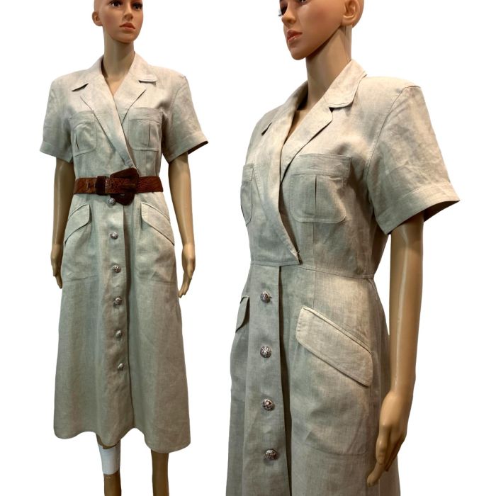 90s Khaki Linen Safari Shirtdress Midi Dress