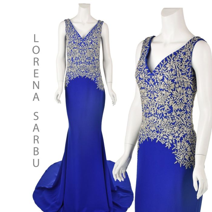 LORENA SARBU Royal Blue Silk & Silver Beaded Formal Runway Evening Gown SZ  2-4 | Fashion Conservatory