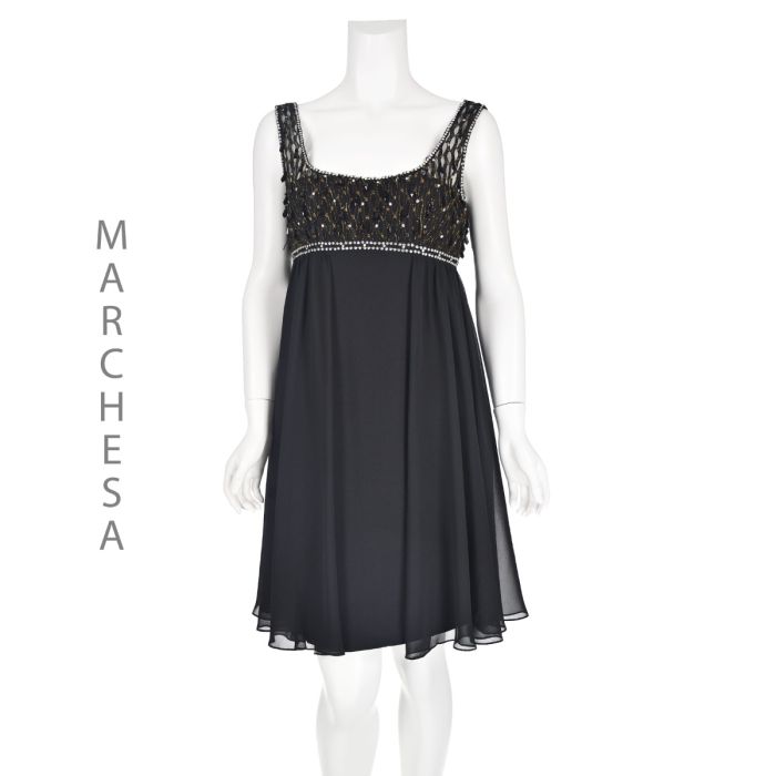 MARCHESA NOTTE Black Silk Faille Empire Waist Sheath Dress with Chiffon  Overskirt SZ 4 | Fashion Conservatory