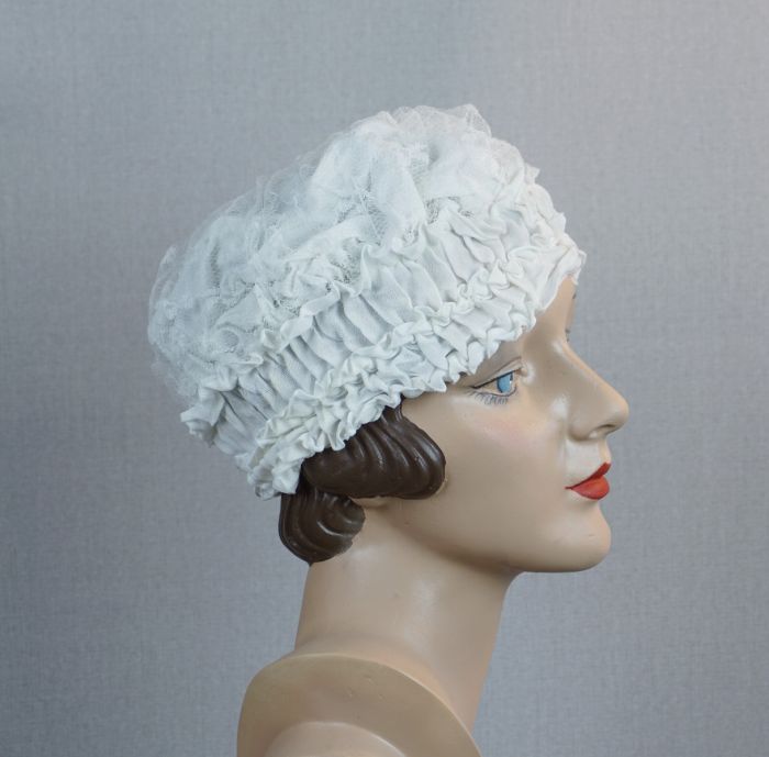 Vintage Nightcap Boudoir White Nylon Sleep Cap 