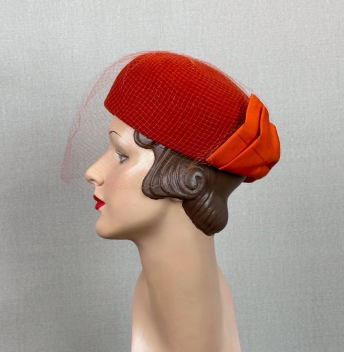 60s Burnt Orange Veiled Pillbox Hat Fashion Conservatory