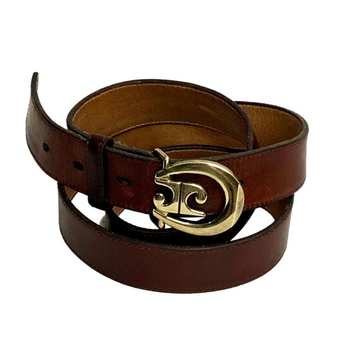 70s Mod Brown Leather Belt w Brass Logo Buckle