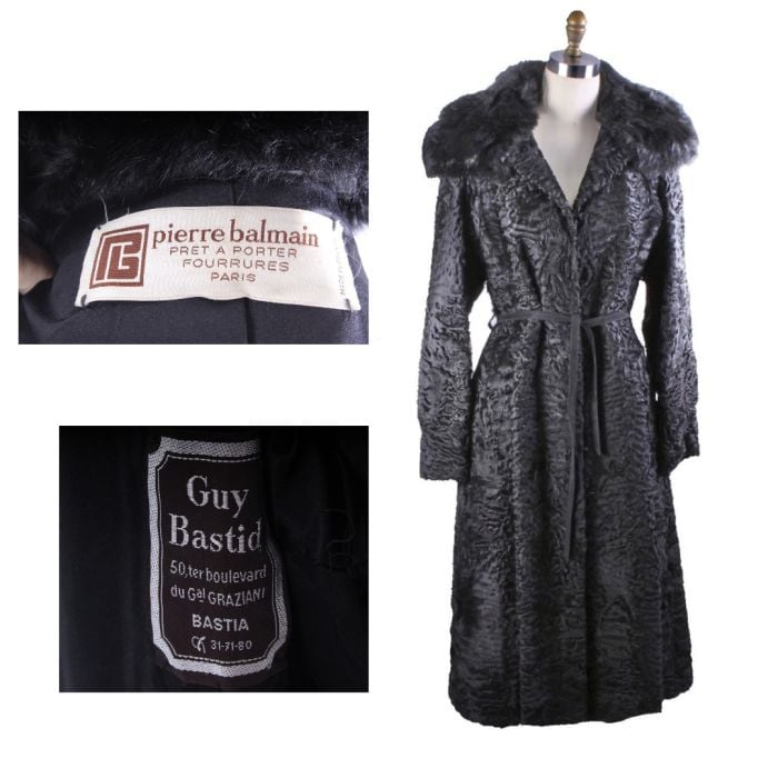 VTG Black Astrakhan Fur Trench Coat Pierre Balmain/Guy Bastid 