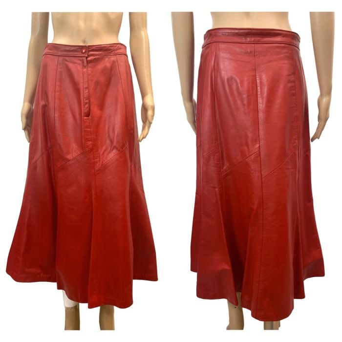 80s Red Leather Midi Skirt w Flared Hem Long Fluted Skirt