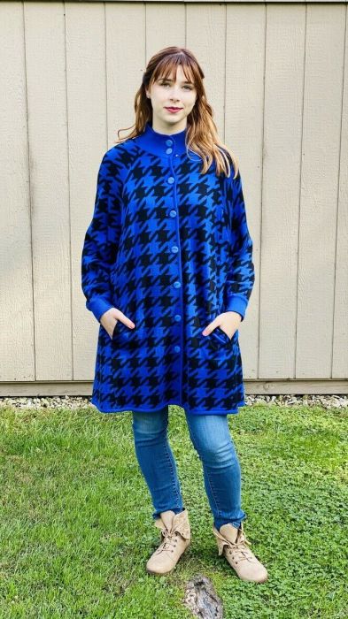 Arthur Kohler VTG Black Blue Houndstooth Knit Tent Coat Dress Tunic ...