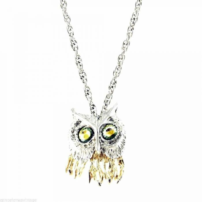 Vintage Articulated Owl Necklace Pendant Gold & Silver Tone Partial